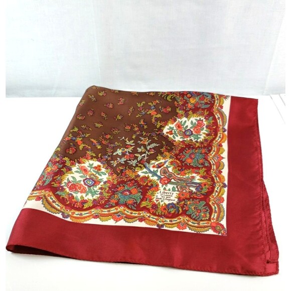 Liberty of London 100% Silk Twill Red Brown Floral Foulard Border Scarf 23"X23" - Picture 14 of 16
